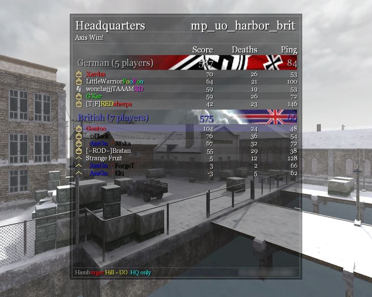 Hamburger Hill, mp_uo_harbor_brit. Twelve players, Axis take it. The server name sits in orange along the bottom edge.